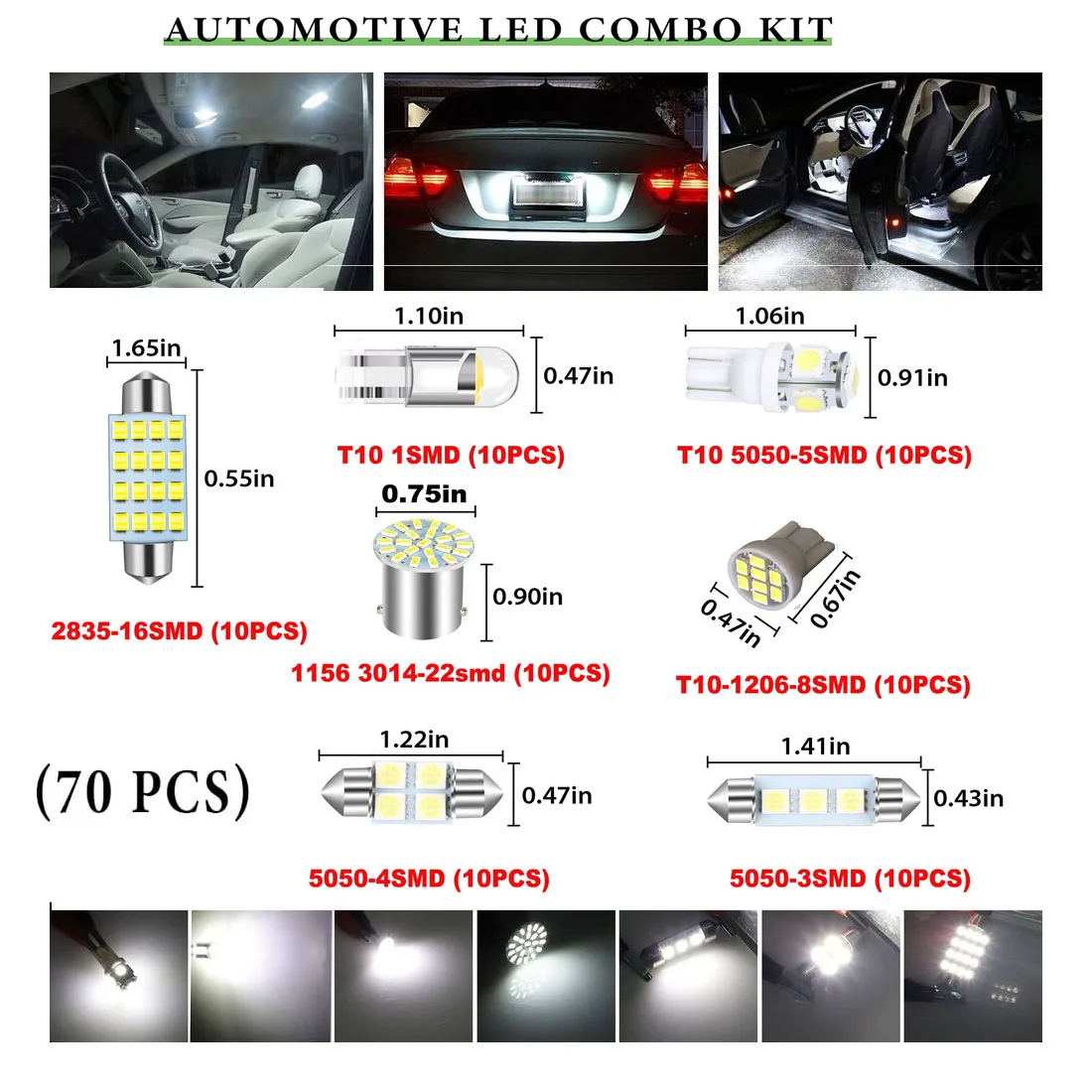 70 Pcs Interior LED Lights Car Bulb Kit Set Trunk Door Courtesy License Plate Light, white 6000K Dome Map Tail Cab Lights Bulb