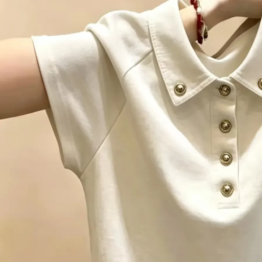 White Turn Down Collar T Shirt with Button Detail Short Sleeve Women Casual Preppy Style Top Regular Fit Summer