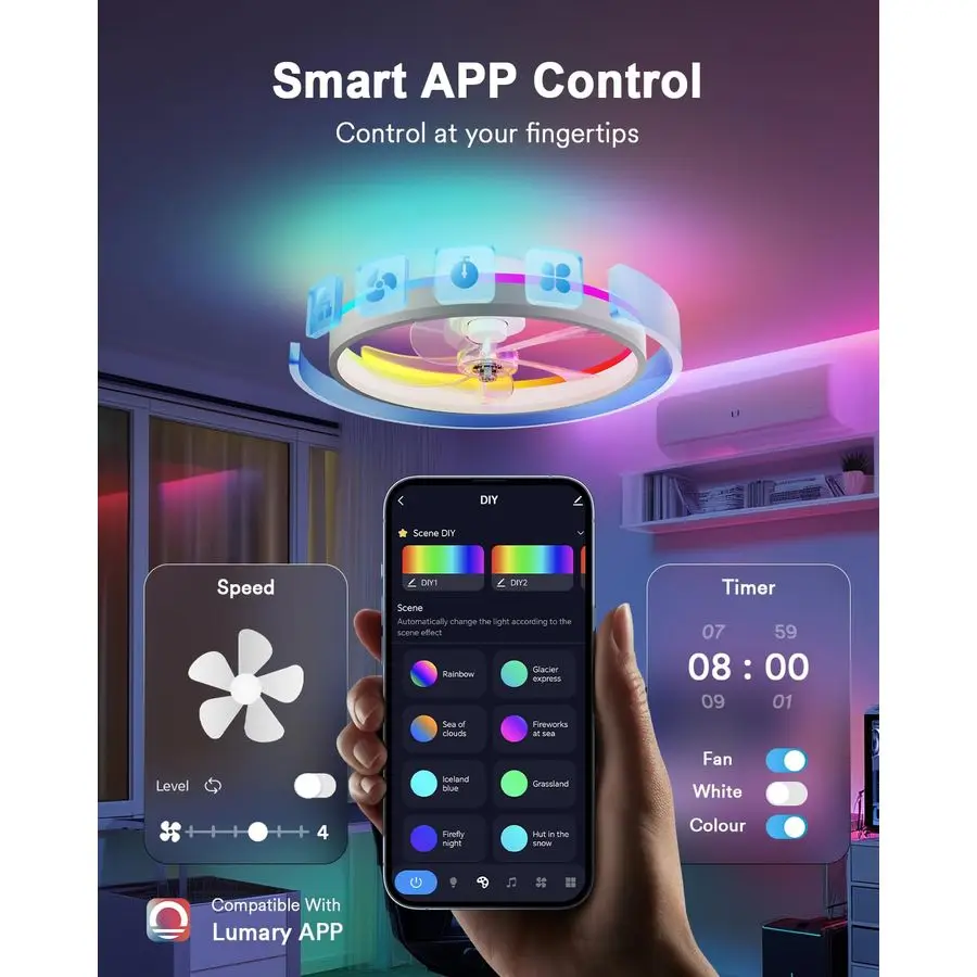 مراوح سقف واي فاي ذكية مع أضواء، مراوح سقف RGBAI مع أضواء وجهاز تحكم عن بعد، وضع الإضاءة المزدوج الحديث LED Low Pr