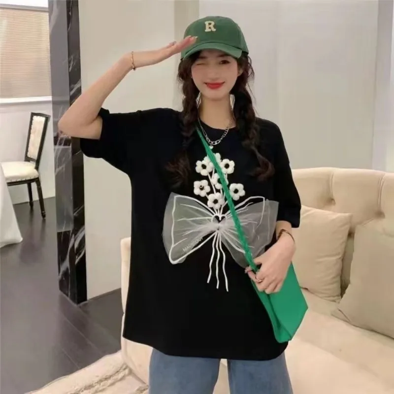 DAYIFUN 2024 Cartoon Printing Appliques T-shirt Women Korean Fashion Half-sleeve O Neck Tshirt Sweet Harajuku Style Tees Tops