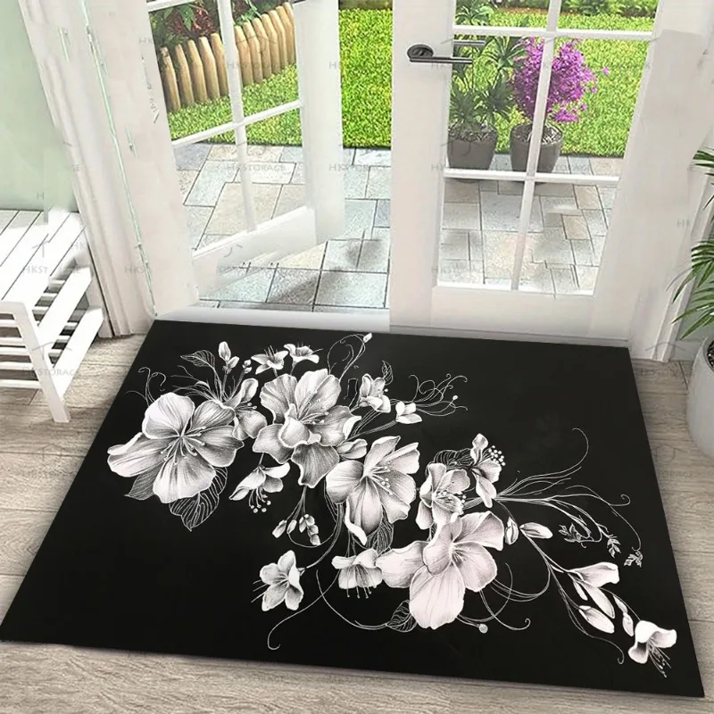 Floral Sketch Carpet Mat - Black White Rose Lily Daisy Flower Line Art Minimalist Modern Decorative Home Decoration Rug Bedroom
