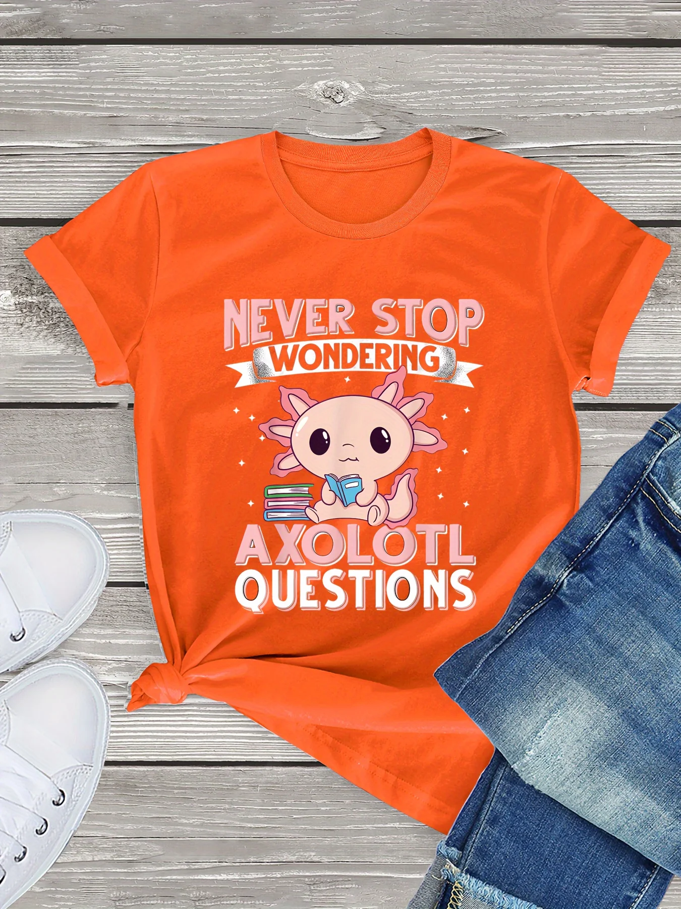 Cartoon Axolotl Print T-Shirt, Short Sleeve Crew Neck Casual Top For Summer & Spring, Women\'s Clothing