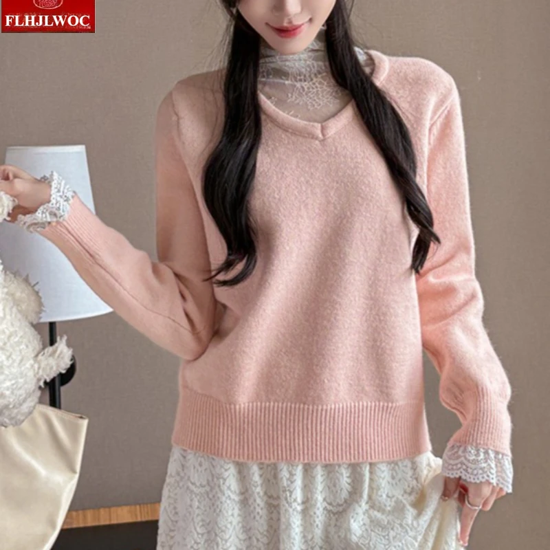 الياقة المدورة بلوزات من الدانتيل لاعبا السنة الجديدة أزياء المرأة الشتاء الربيع المرقعة الجوف خارج الكروشيه الدانتيل محبوك سترة البلوفرات