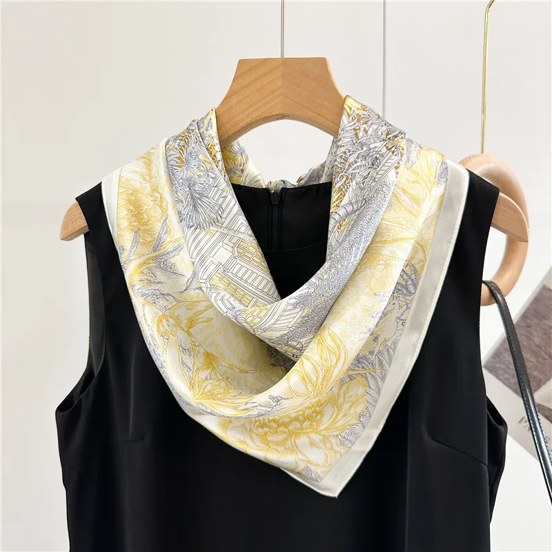 100% Mulberry Silk Scarf Women Square Accurate Hem Bandanas Top Accessories Square Head Neck Shawls Scarves Foulard Female 65cm