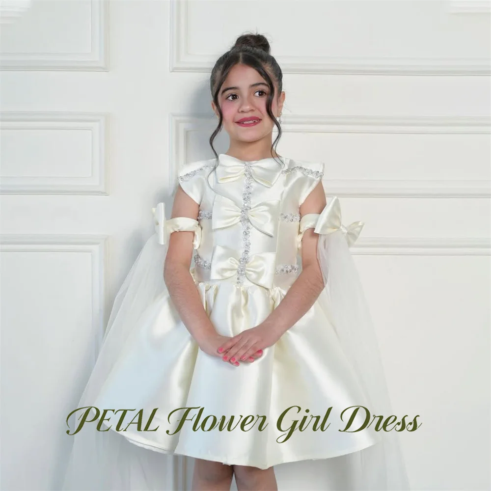 Petal Cream White Princess Girls Dress Three Tier Bow First Communion Gown with Rhinestones Children Birthday Wedding Dresses