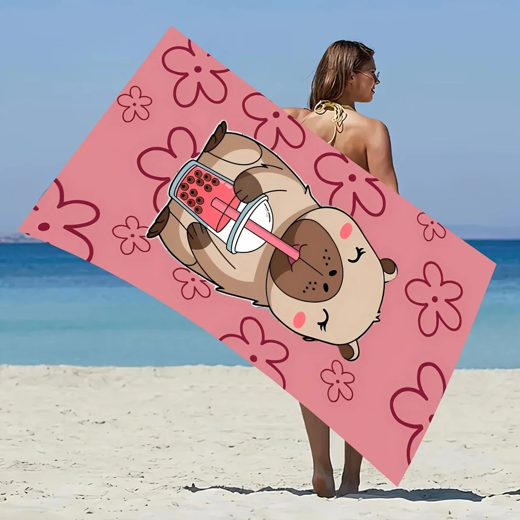 Cartoon Capybara Holding Bubble Tea Print Beach Towel, Soft Towel for Swimming Yoga Camping Travel