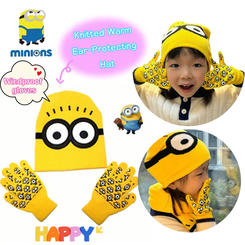 

Minions Hat Gloves Autumn and Winter Knitted Warm Ear Protection Animation Cartoon Boys and Girls Outdoor Windproof Wool Hat