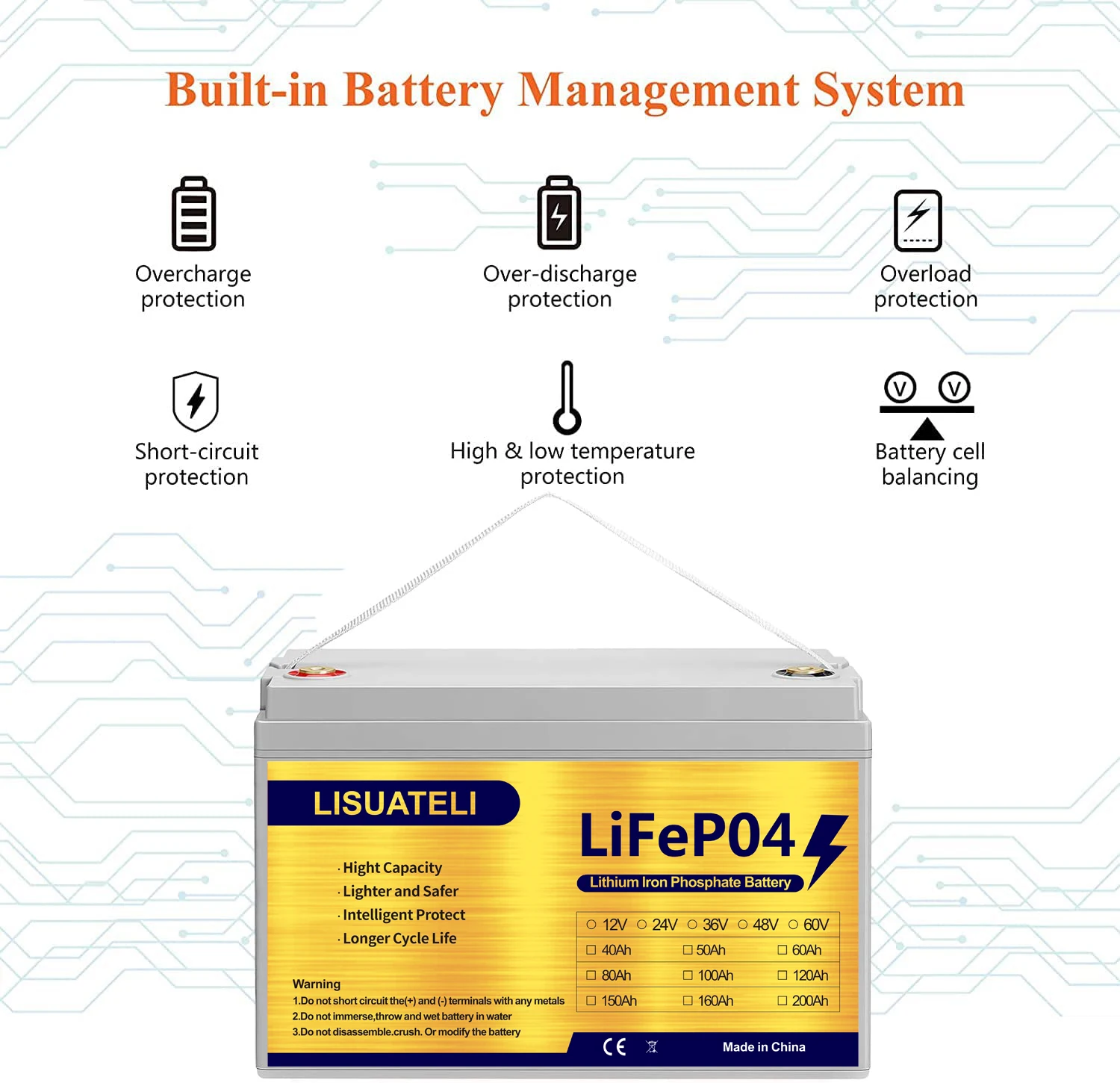 Lisuateli 12V 6Ah/100Ah LiFePO4 Lithium Iron Phosphate Battery Built-in BMS for Solar Power System RV House Trolling Motor