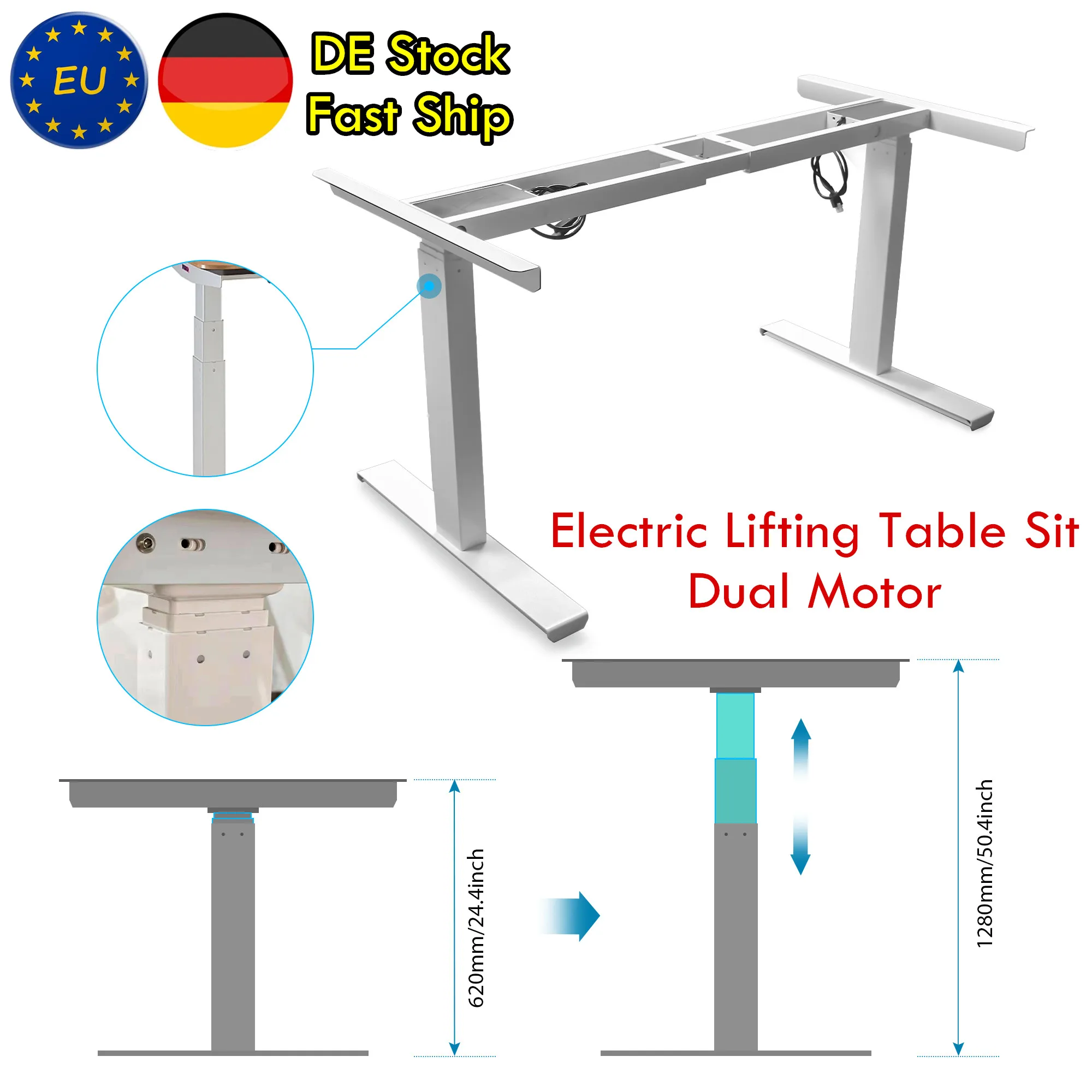 【EU Stock】RATTM MOTOR Two Foot Dual Motor Electric Height Adjustable Lifting Table Sit/Standing Desk Frame White/Black