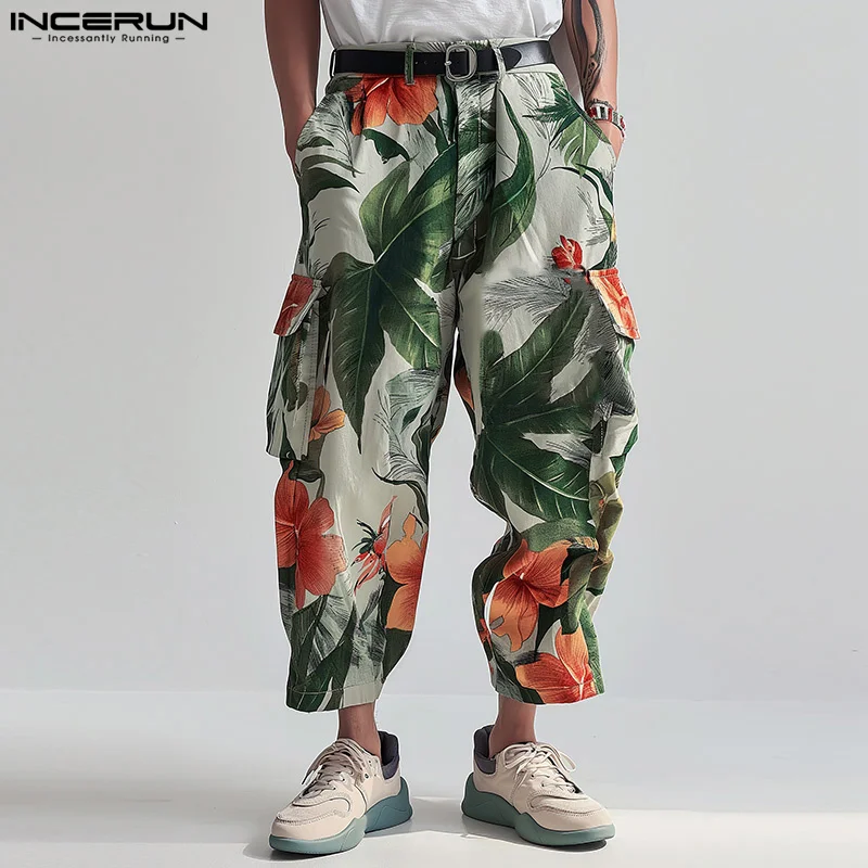 INCERUN 2024 Korean Style New Men\'s Trousers Loose Floral Leaf Printing Long Pants Fashion Personality Hot Sale Pantalons S-5XL