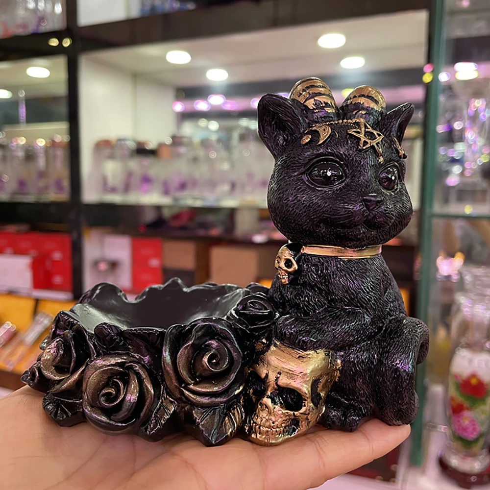 Resin Crystal Ball Base Ornament Five-Pointed Star Ram Horn Black Cat Figurine Home Desktop Witch Gothic Decor Collectible Craft