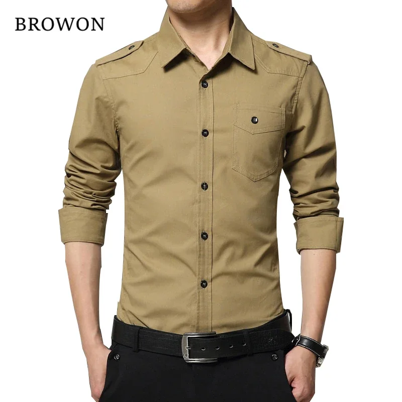 2024 Men\'s Epaulette Shirt Fashion Full Sleeve Epaulet Shirt Military Style 100% Cotton Army Green Shirts with Epaulets