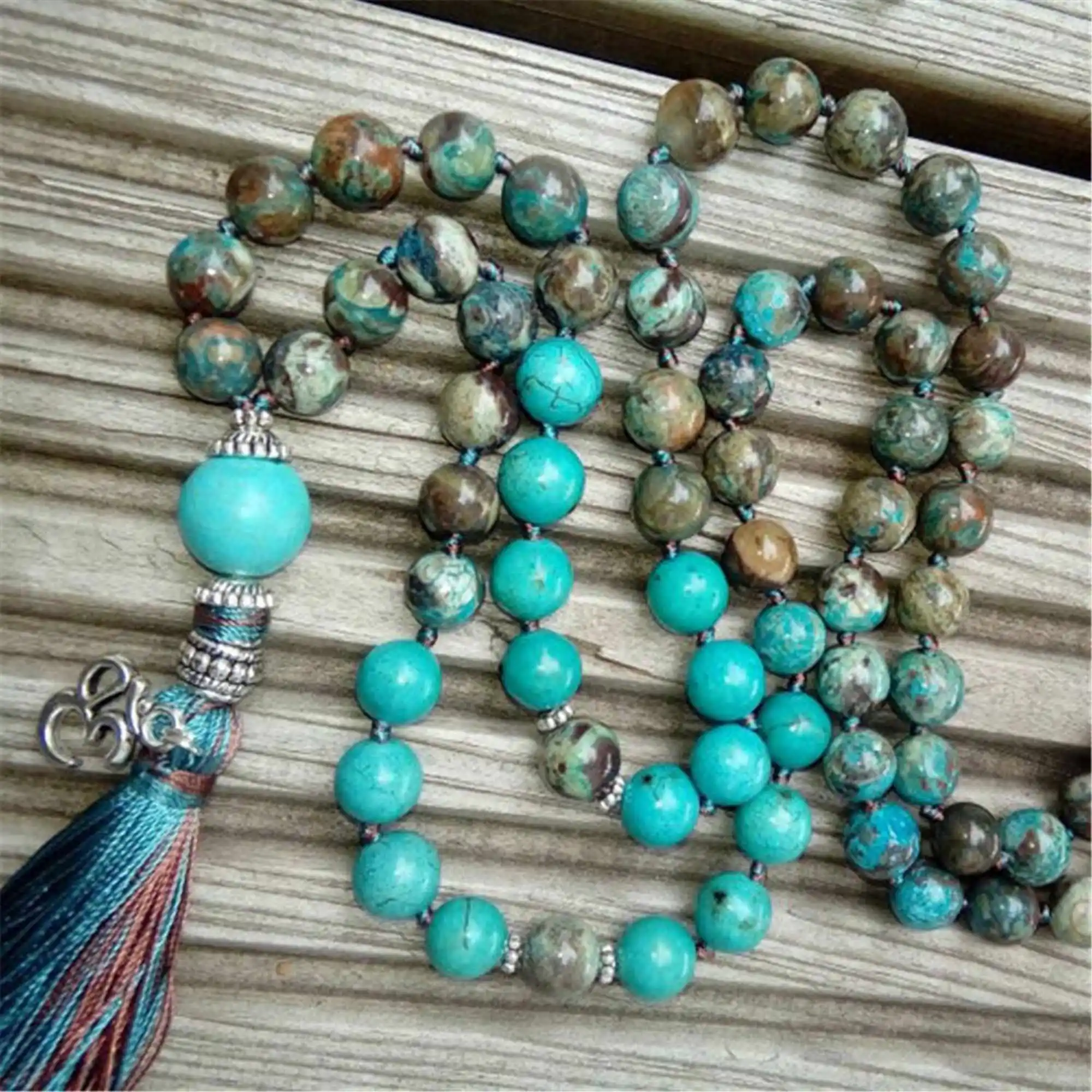 8mm Agate Turquoise 108 Beads Handmade Tassel bracelet Retro Rustic Healing Men Zen Wood Opera length Tranquility Metal Yoga