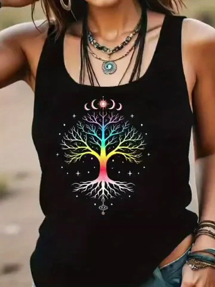 printed Summer women's loose and personalized dream catcher mesh printed vest top T-shirt comfortable sleeveless