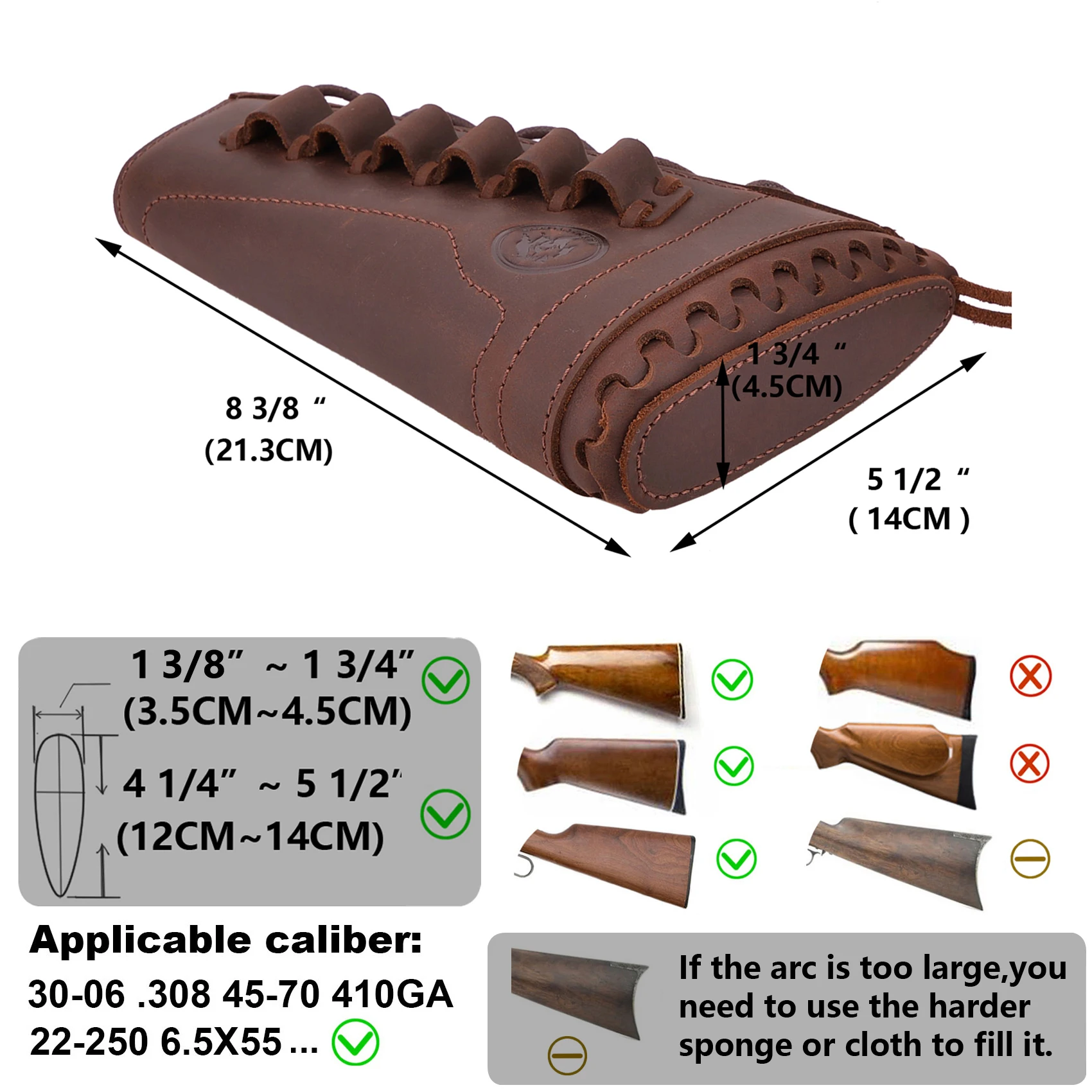 Leather Gun Buttstcok Rifle Ammo Cartridge Holder Cheek Rest Pad For Right Handed .308 .30-30 .45-70 .22LR 12GA 16GA 20GA