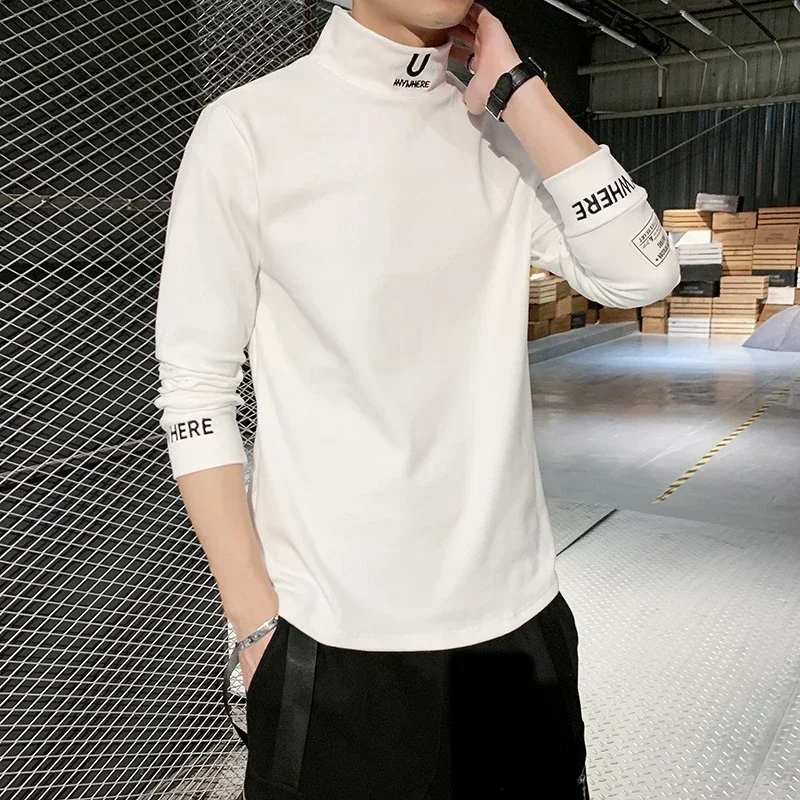 2023 Cashmere T-Shirts Men Long Sleeve Embroidery Letter T Shirt Homme Turtleneck Streetwear Casual T-shirts Male Fashion Tee