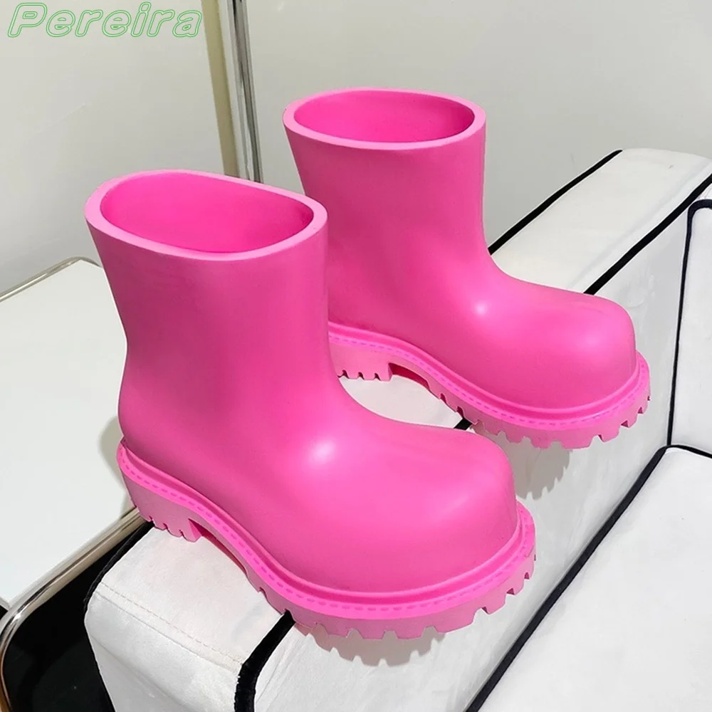 

Rose Red Ankle Boots Round Toe Solid Slip On Cover Heel White Pink Black Anti-Slip Rain Boots Spring Autumn 2024 New Arrivals