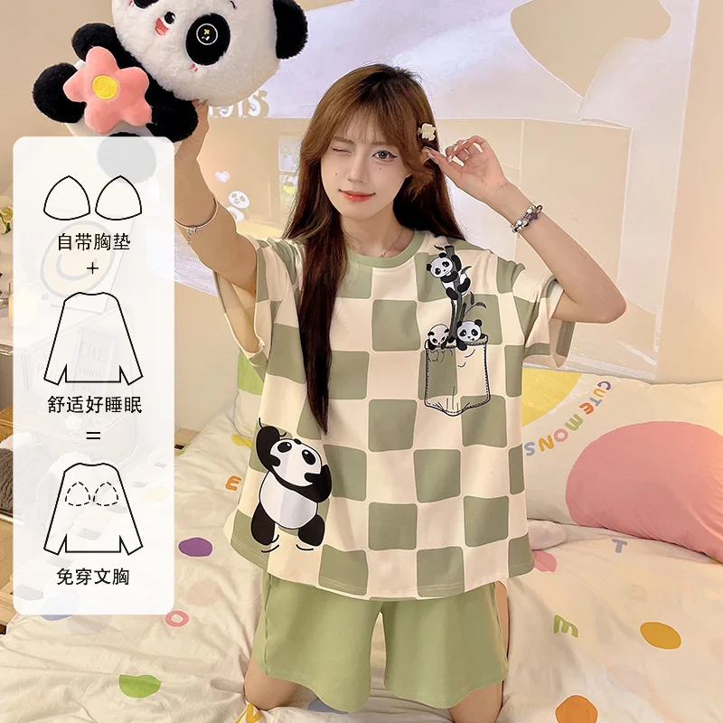 Women's Pajama Set with Built-in Bra Short Sleeve Shorts Comfortable Homewear Plus Size