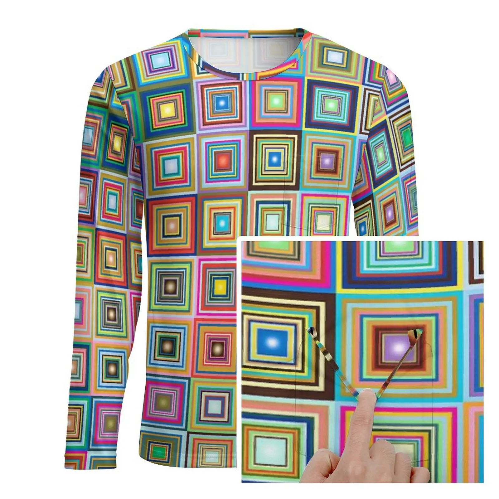 Fun Retro Square T Shirt With Pocket Colorful Tiles Novelty T Shirts Male Kawaii Tshirt Long Sleeve Custom Top Tees Large Size