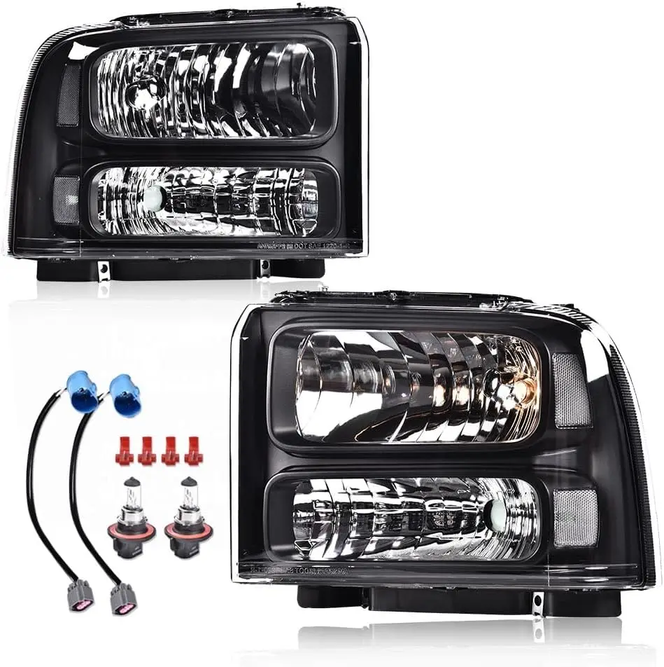 

Headlights, Compatible with 1999-2004 Ford F250 F350 F450 F550 Super Duty/Fit 00-04 Ford Excursion Clear lens Black Housing Clea