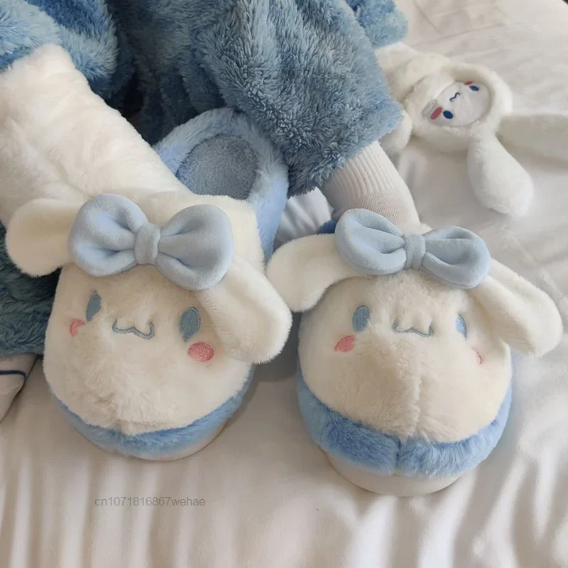 Sanrio Cinnamoroll Sweet Y2k Casual Plush Fuzzy Slippers for Women Kawaii Cartoon Winter Warm Cotton Bedroom Couples Floor Shoes