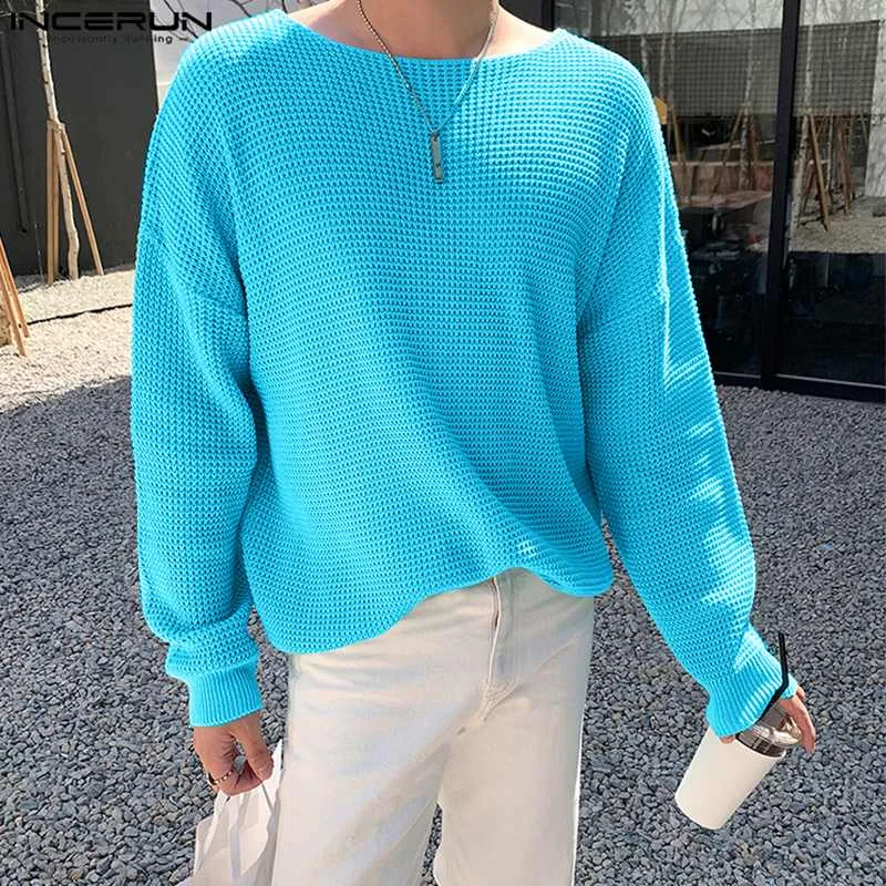 

INCERUN Tops 2023 Korean Style Handsome New Men's Solid Color Knitted Pullovers Leisure Streetwear Loose All-match Sweater S-5XL