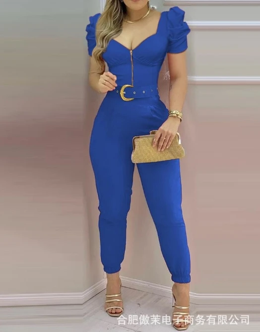 

Women's Jumpsuit 2024 New Summer Elegant Simplicity Solid Color Casual Versatile V-Neck Bubble Sleeve High Waist Street Jumpsuit