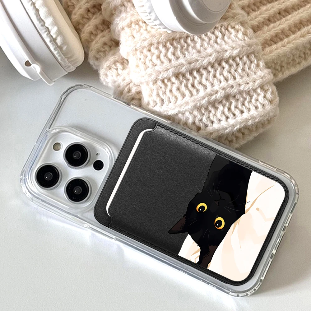 Schwarze Katzen-Leder-Kartenhülle für das Handy, geeignet für alle iPhone-Hüllen, Magsafe magnetische Kartenhalterung, einfache Handy-Rückentasche – Detail 4