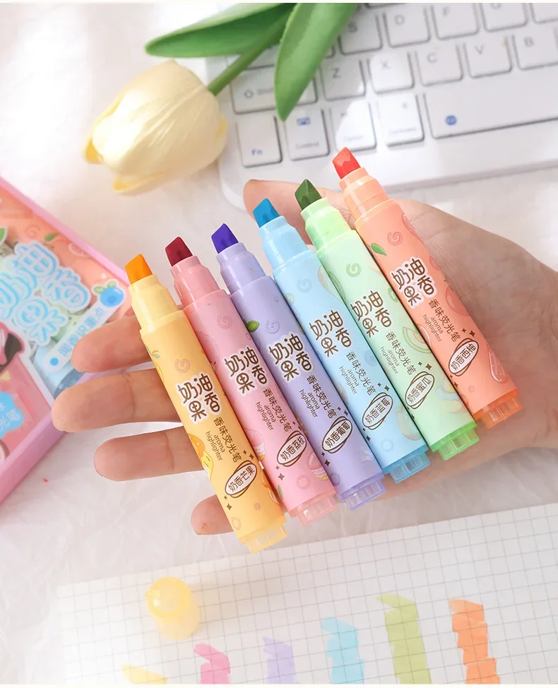 6pcs Creamy Fruity Aroma Highlighters Pastel Cute Highlighter Assorted Colors Dry Fast for Bible Journal School Office Supplies