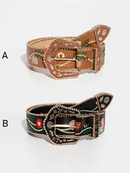 1pc Western Women Retro Casual Multi-Color Carved Beaded Random Floral Embossed Bead-Edge Belt, Suitable For Daily Wear