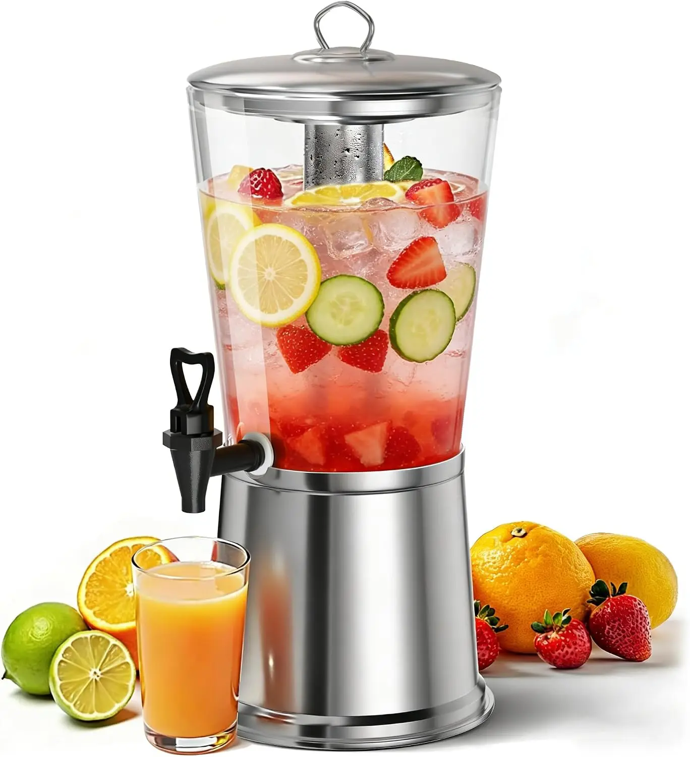 Beverage Dispenser With Stand, Drink Dispenser for Party, Stainless Steel Water Dispenser with Ice Core, Spigot, Drink Jar Jug F