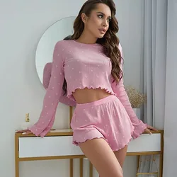 Summer Flower Print Knitted Ribbed Long-sleeved Round Neck Women's Pajamas Trousers Set 2Pcs Outfit Pyjama Sleepwear Nightwear