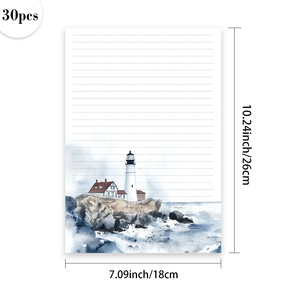 30 Sheets,B5 Watercolor Seaside Lighthouse-themed Writing Paper, Lined, No Glue, Very Suitable For Notebooks,memos, And Stickers