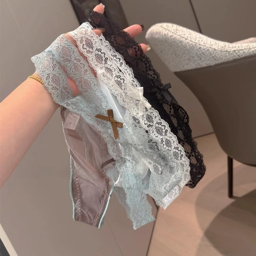 Sweet Low Waist Lace Thongs Cross Belt Lingerie Mesh Bow Thong Transparent Underwear See-through Panties Women - view 3