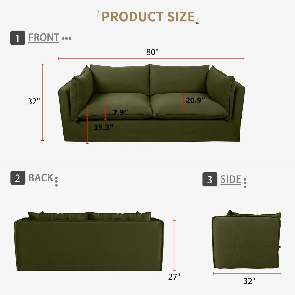 أرائك سحابة مقاس 80 بوصة لغرفة المعيشة، أريكة من قماش الكتان مكونة من 3 مقاعد مع وسادتين مسند للذراع وأرجل خشبية أسفل الأريكة المنجدة #2