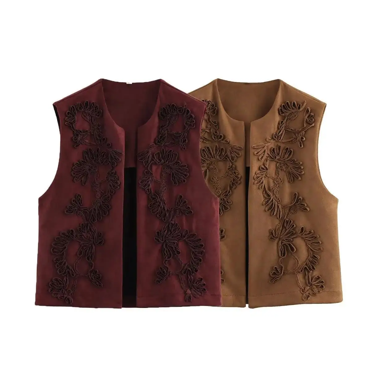 

Women Embroidery Suede Vest Spring Summer Sleeveless Vintage Open Stitch Vests