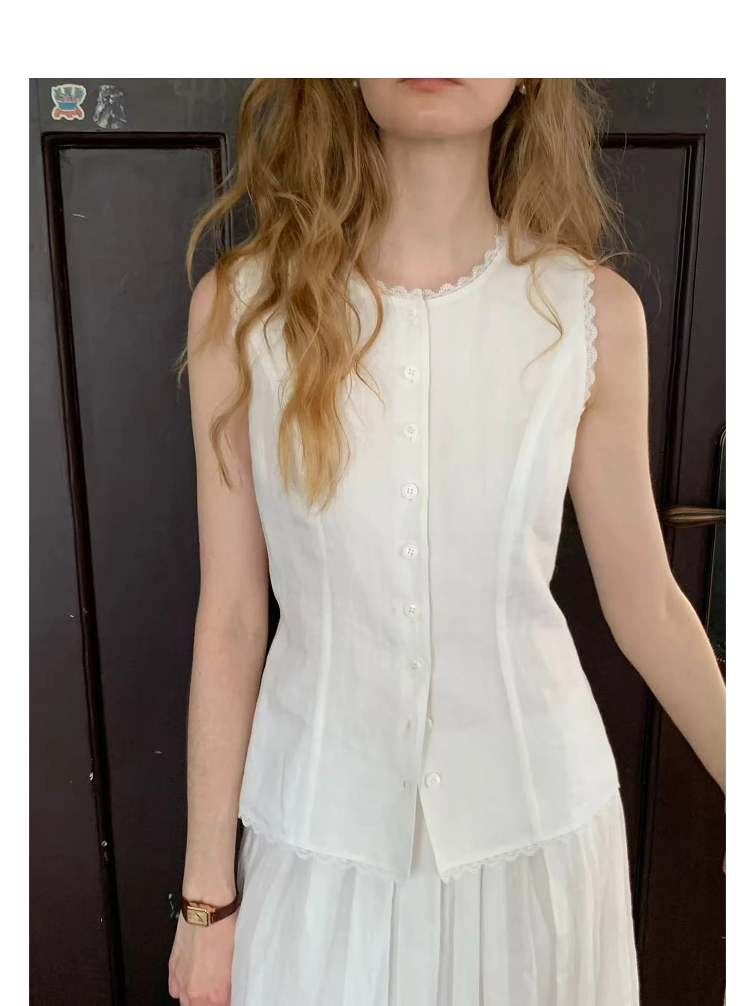 Nice People 2025SS 여성용 린넨 크롭탑 레이스 트림 허리 조절 베스트 통기성 좋은 편안한 라운드넥 반팔 셔츠