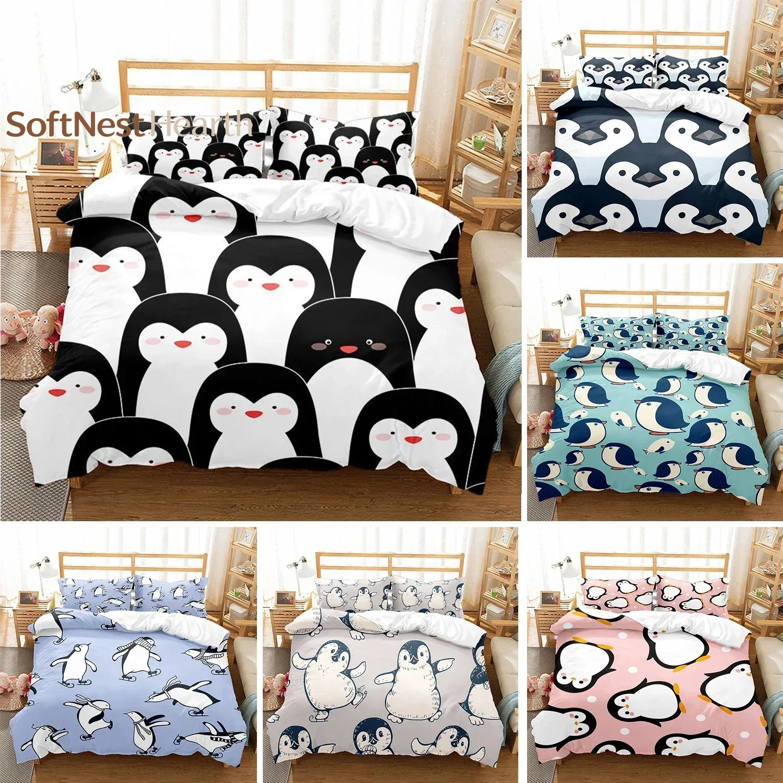 2026 Cute Penguin Bedding Set Cartoon Animals Duvet Cover Set Twin For Boys Girls Room Decor Print Comforter Cover With Pillowca