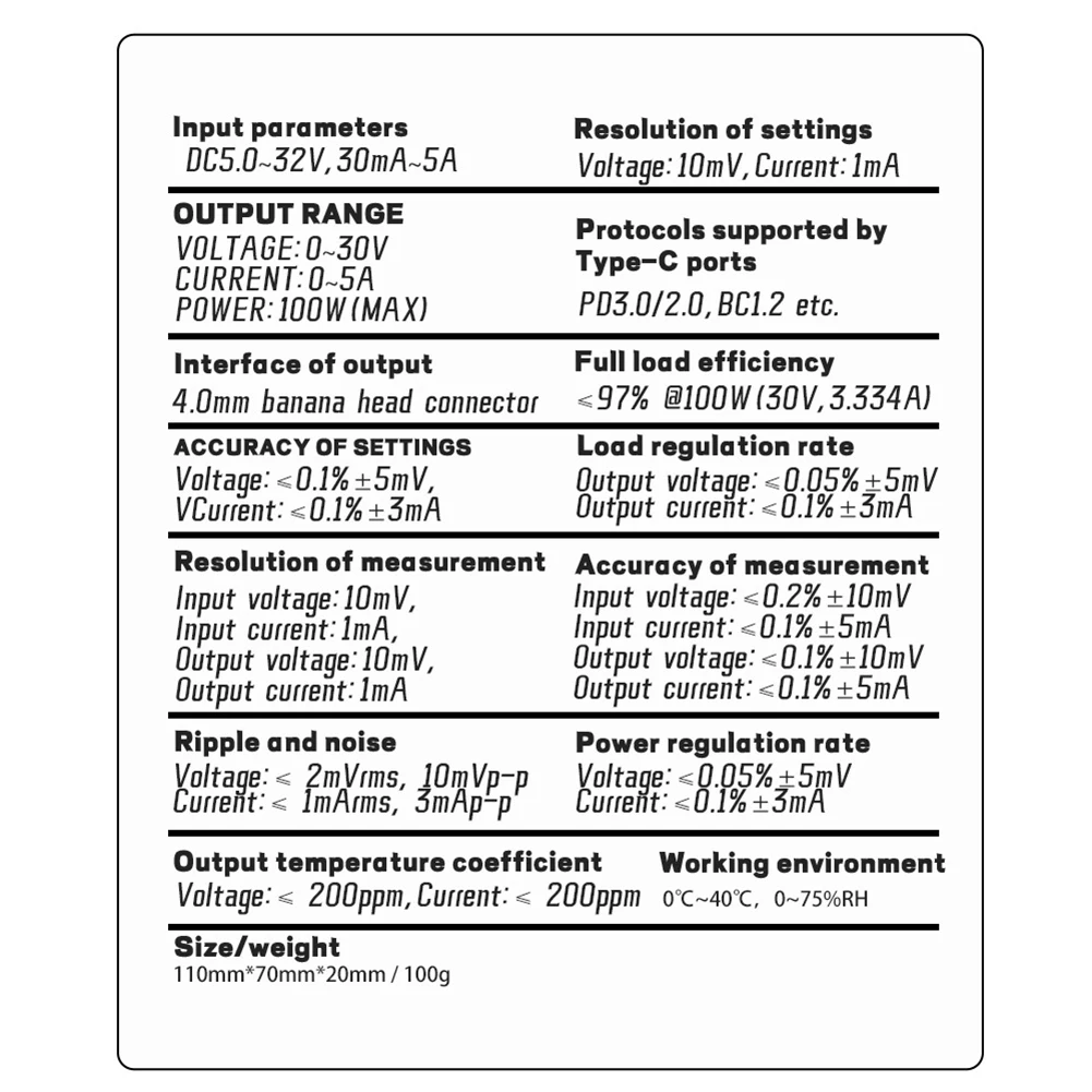 

DPS100 100W Regulated DC Power Supply 5V to 30V 5A Output with Type C PD3.0 Input and Banana Jack Output Terminals