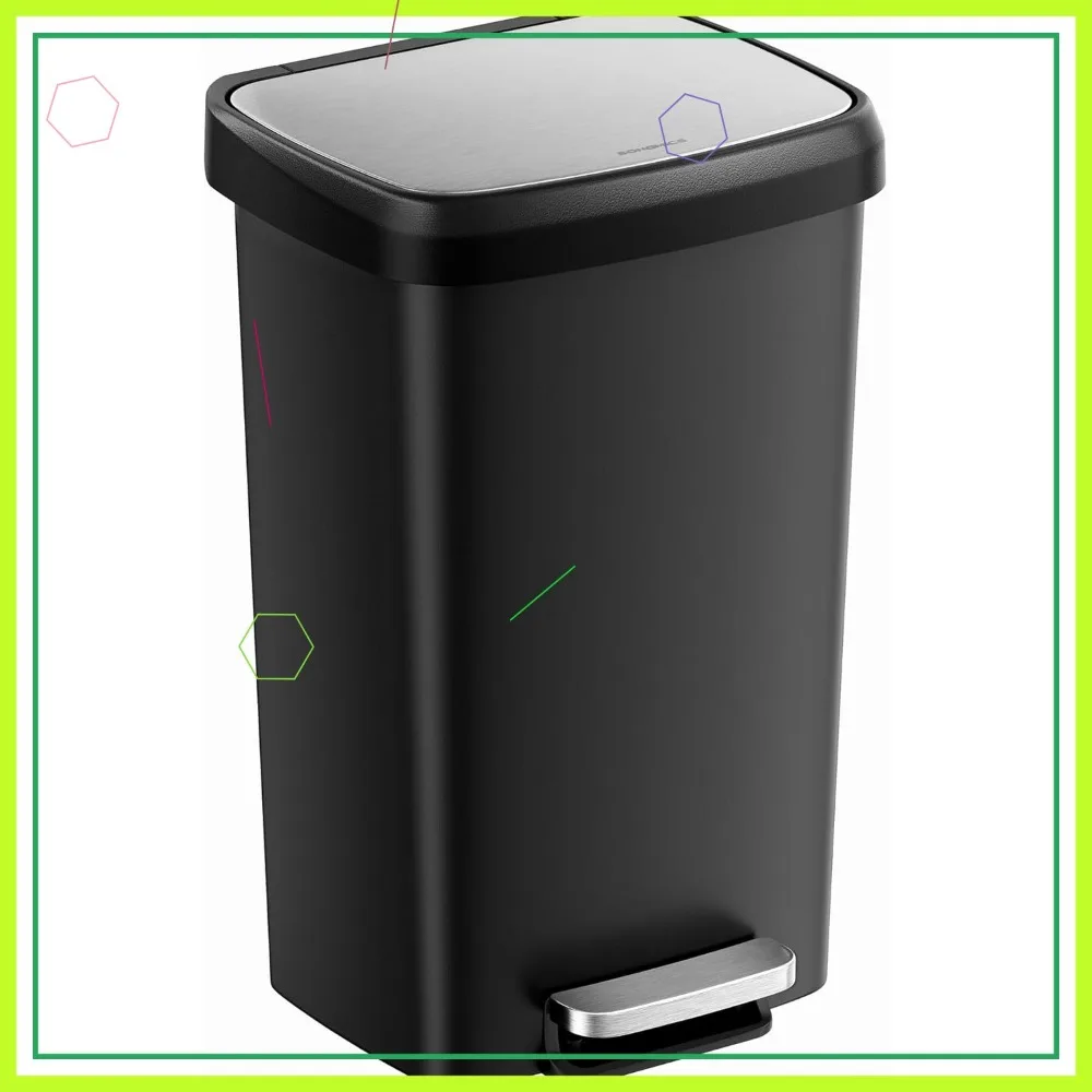 

12-Gallon Kitchen Trash Can with Stainless Steel Lid, Soft Close, Wheels and Rear Handle in Ink Black