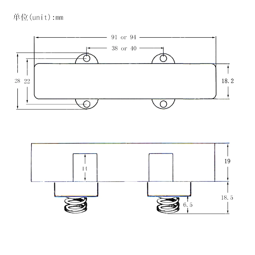 4 String Electric Jazz Bass Humbucker Pickups bottom with spring 91mm/94mm