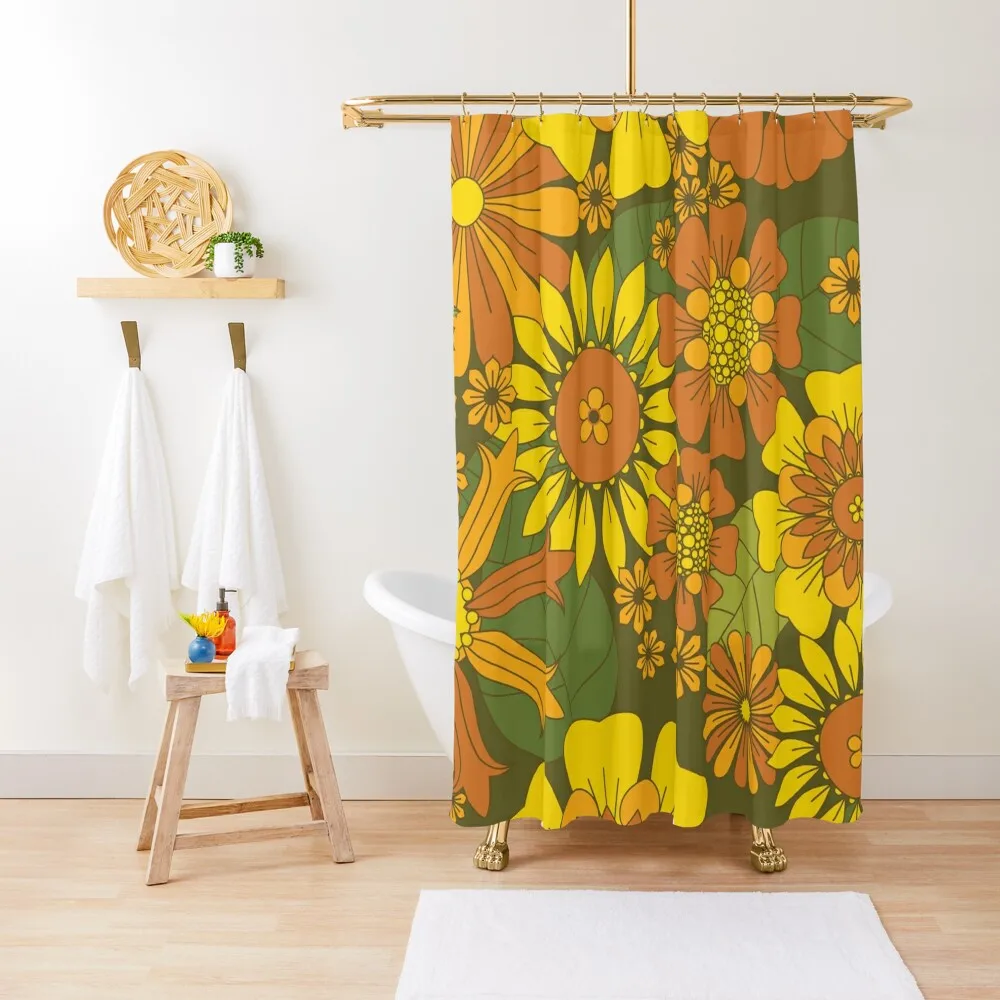

Orange, Brown, Yellow and Green Retro Daisy Pattern Shower Curtain Luxury Bathroom Funny Shower Curtain