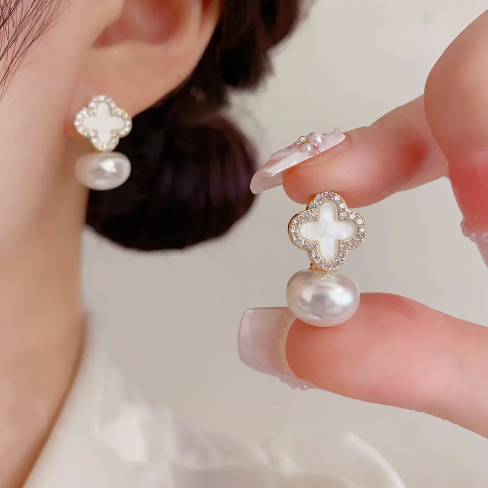 Lucky Clover Baroque Bead Drop Earrings Elegant Shell Gloss Dainty Charm Hanging Jewelry Commute Daily Match For Women