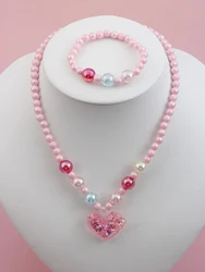 2pcs Girls heart beaded necklace and bracelet four seasons daily wear color random