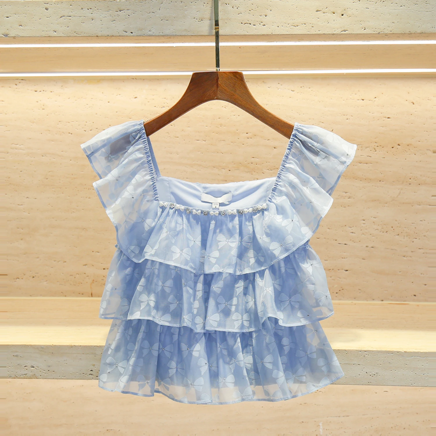 

French Sle Loose Fit Women's Top Knot Print Chiffon ort Sve Square Collar Puff Sve Hemmed Blouse