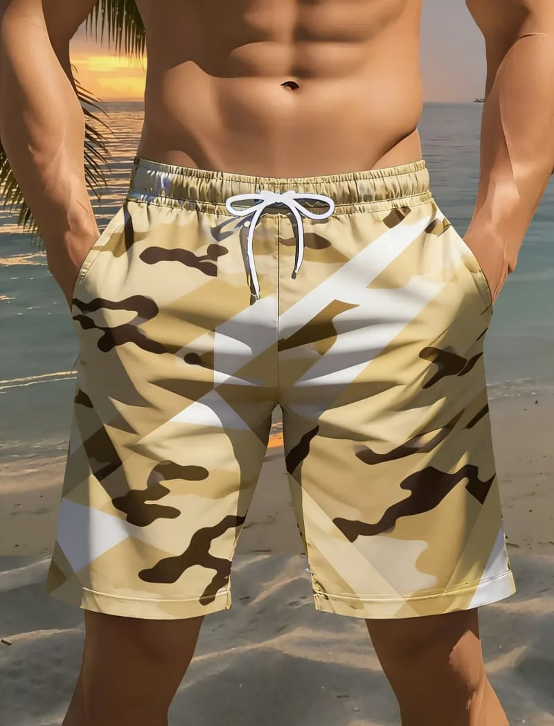 

Men's Fashionable Cool Geometric Print Beach Shorts - Camo Grid Abstract Print Casual Shorts For Holiday And Water Sports