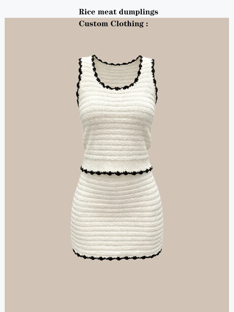 

Handmade Knitted Color Block Vest And Skirt Set Elegant Ladylike Short Sleeve Square Collar Slim Fit Summer Fashion Outfit