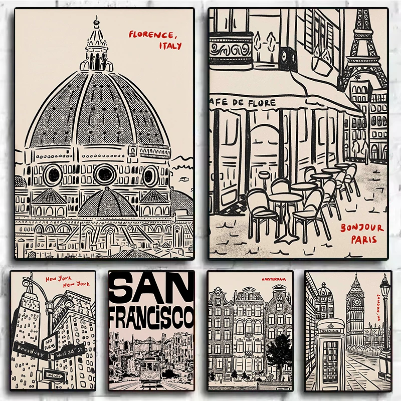 الرجعية مدينة السفر باريس سان فرانسيسكو لندن العمارة بناء رسم المشارك حائط لوح رسم الفن صور ديكور المنزل