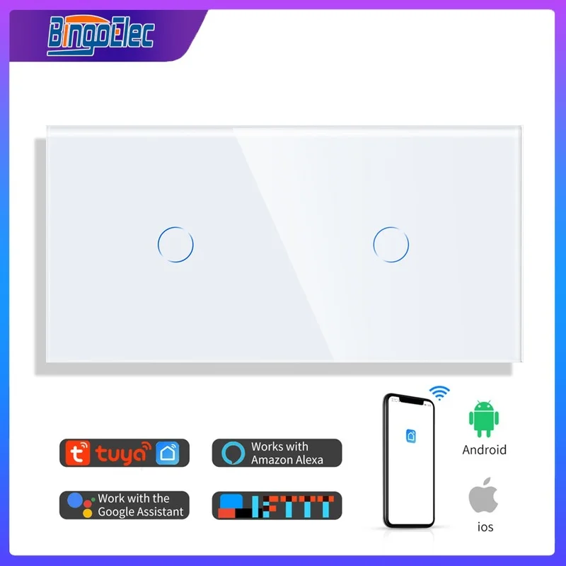 Bingoelec 2Gang Smart Wifi Control Touch Switch 157mm Double Wall Smart Light Switches Crystal Class Panel Switches With Neutral