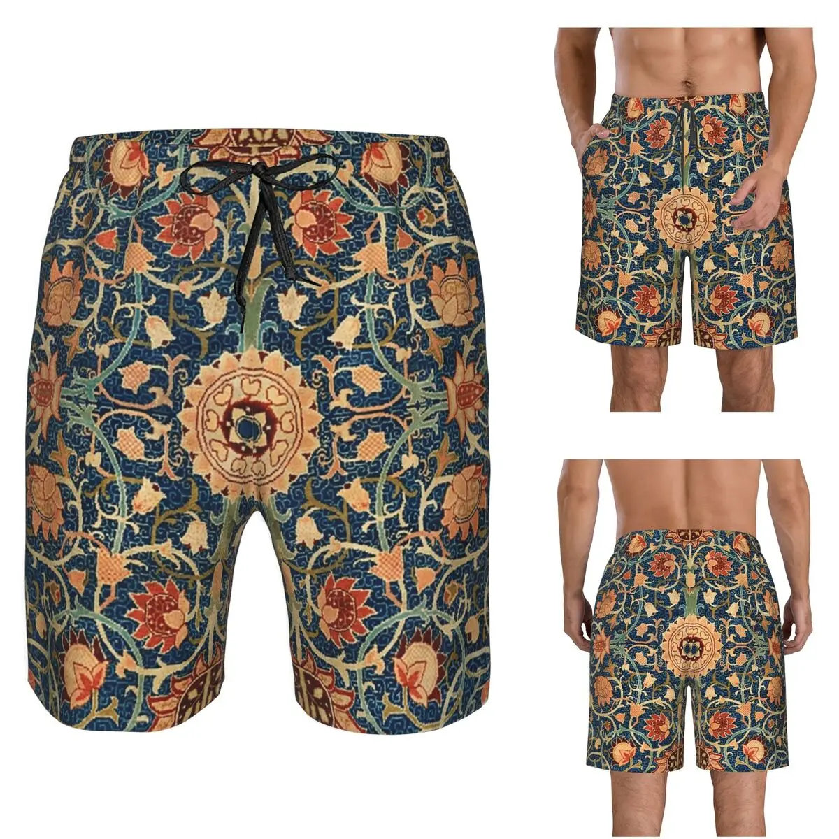 William Morris Flower Pattern Trunks Beach Board Shorts Casual Quick Dry Swim Summer Men Pants